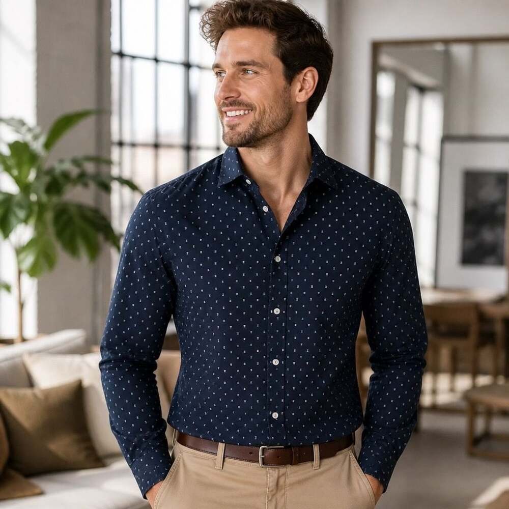 Banana Republic Soft Wash Navy Blue Ditsy Print Long Sleeve Button-Up Shirt XL
